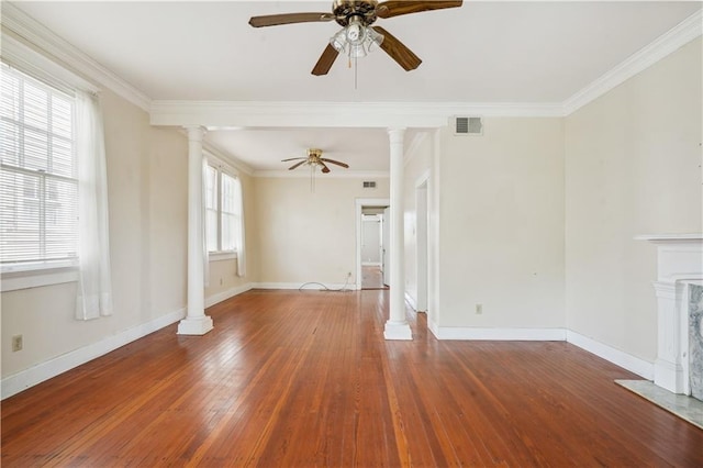441921 Fontainebleau Dr, New Orleans, LA 70125 - unfurnished living room featuring visible vents, ornate columns, ornamental molding, a ceiling fan, and hardwood / wood-style floors
