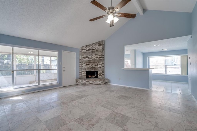 2260 Killington Dr, Harvey, LA 70058 - unfurnished living room with high vaulted ceiling, baseboards, a textured ceiling, beamed ceiling, and ceiling fan