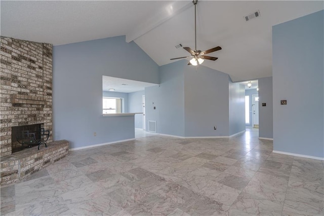 2260 Killington Dr, Harvey, LA 70058 - unfurnished living room featuring a fireplace, visible vents, a ceiling fan, and beam ceiling