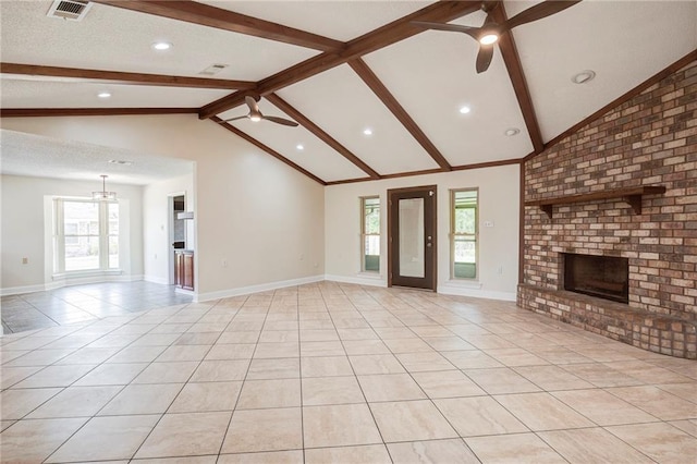 128 Belle Grove Dr, La Place, LA 70068 - unfurnished living room with light tile patterned floors, beamed ceiling, visible vents, a brick fireplace, and ceiling fan