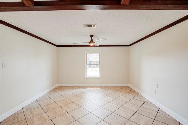 128 Belle Grove Dr, La Place, LA 70068 - empty room with light tile patterned flooring, a textured ceiling, visible vents, ornamental molding, and a ceiling fan