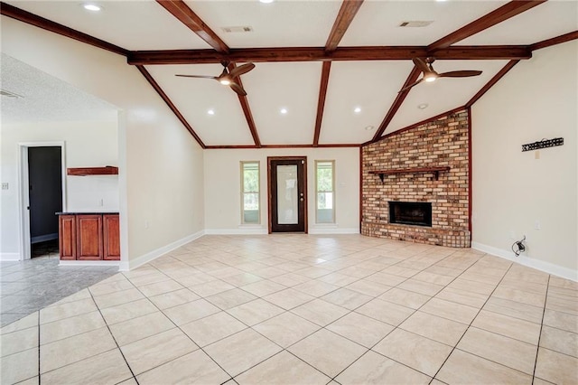 128 Belle Grove Dr, La Place, LA 70068 - unfurnished living room with light tile patterned floors, visible vents, beam ceiling, and ceiling fan