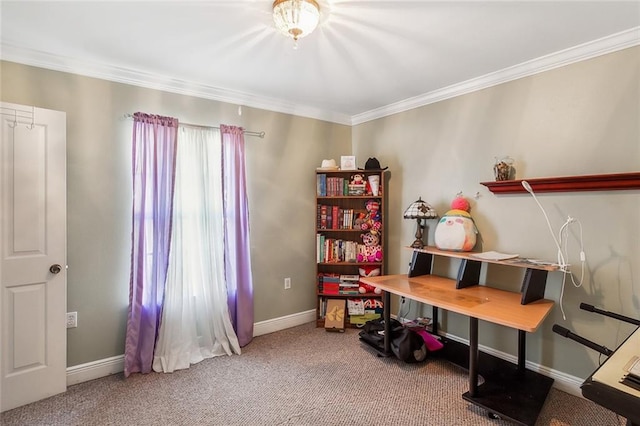 home office with baseboards, ornamental molding, and carpet