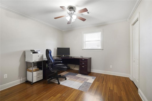 office area featuring ornamental molding, baseboards, ceiling fan, and wood finished floors