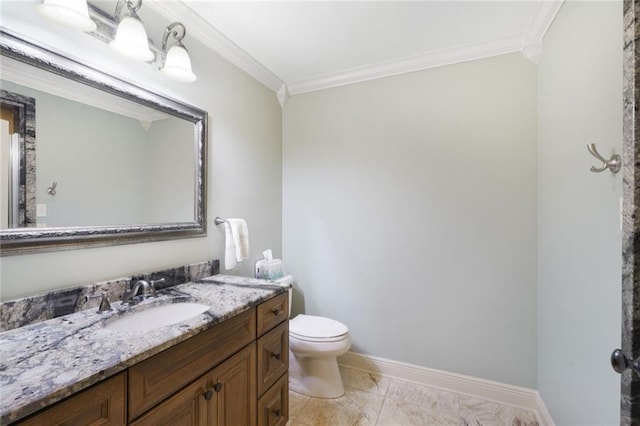 half bath with toilet, vanity, ornamental molding, and baseboards