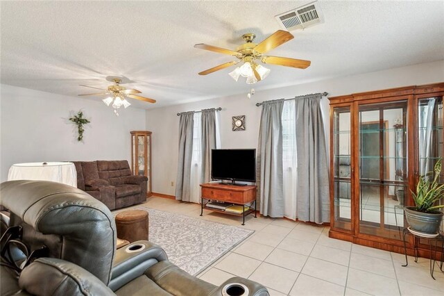 65398 Maple St, Mandeville, LA 70448 - living room featuring a ceiling fan, light tile patterned floors, and a textured ceiling