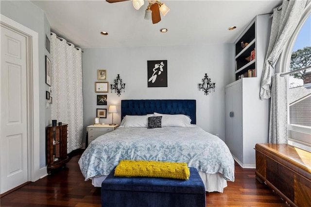 3342 Bell St, New Orleans, LA 70119 - bedroom featuring baseboards, wood finished floors, recessed lighting, and a ceiling fan