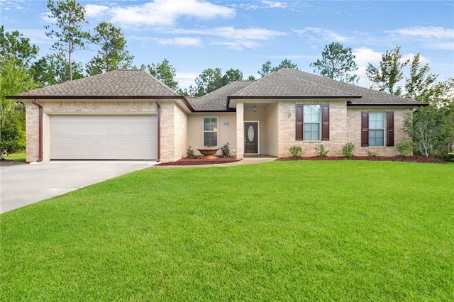 ranch-style home featuring a shingled roof, brick siding, and driveway