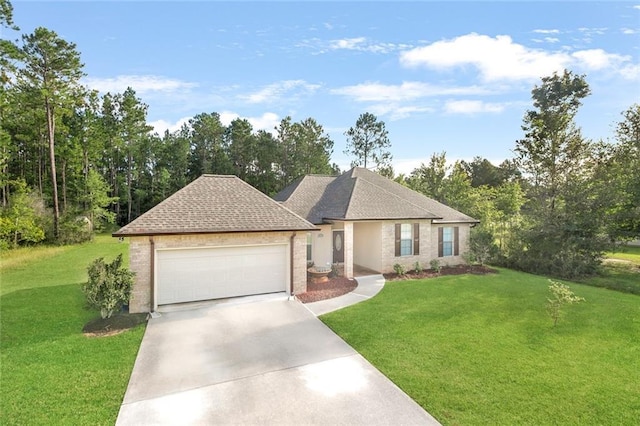 ranch-style house with an attached garage, concrete driveway, brick siding, and a front yard