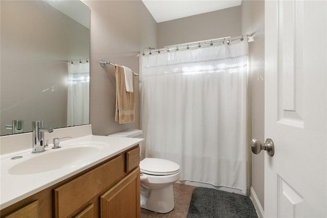 full bath with toilet, tile patterned flooring, vanity, and a shower with shower curtain