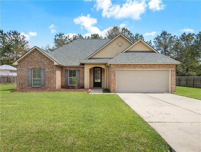 ranch-style home with driveway, brick siding, fence, and roof with shingles
