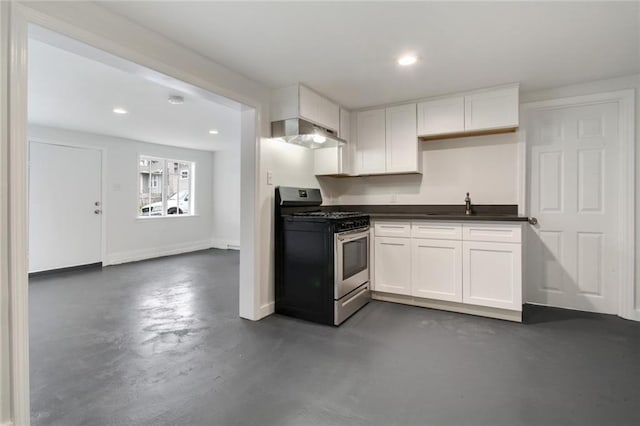 4237 Fontainebleau Dr, New Orleans, LA 70125 - kitchen with gas stove, under cabinet range hood, concrete flooring, white cabinets, and recessed lighting