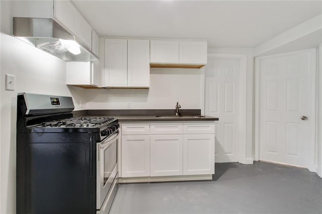 4237 Fontainebleau Dr, New Orleans, LA 70125 - kitchen featuring stainless steel gas stove, extractor fan, finished concrete floors, white cabinetry, and dark countertops