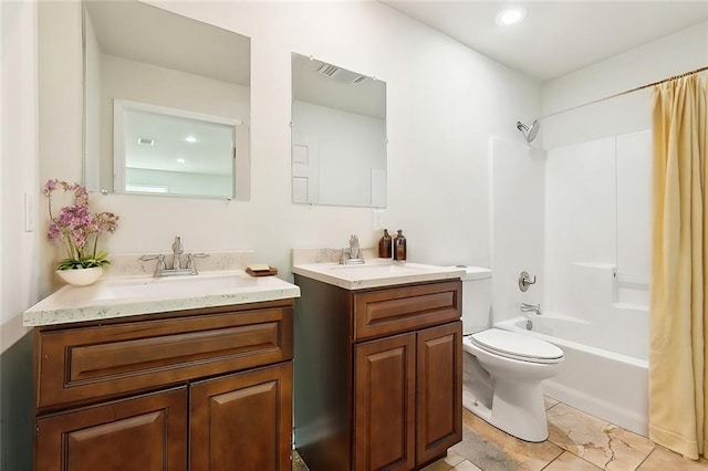 4741 Lafon Dr, New Orleans, LA 70126 - full bathroom with shower / bathtub combination with curtain, toilet, a sink, visible vents, and two vanities