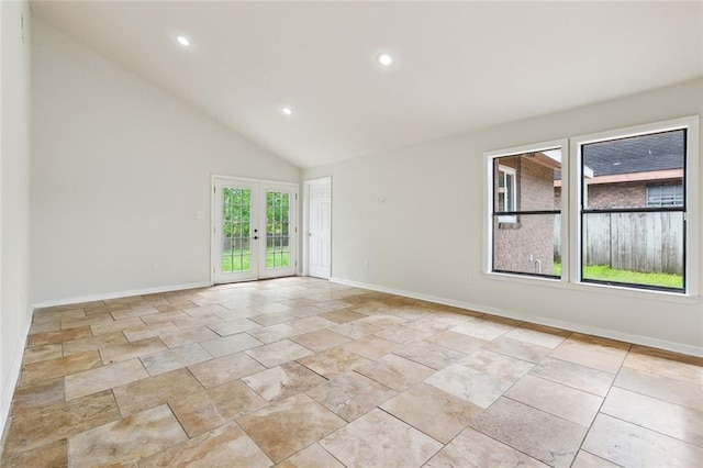 4741 Lafon Dr, New Orleans, LA 70126 - empty room with baseboards, high vaulted ceiling, french doors, and recessed lighting