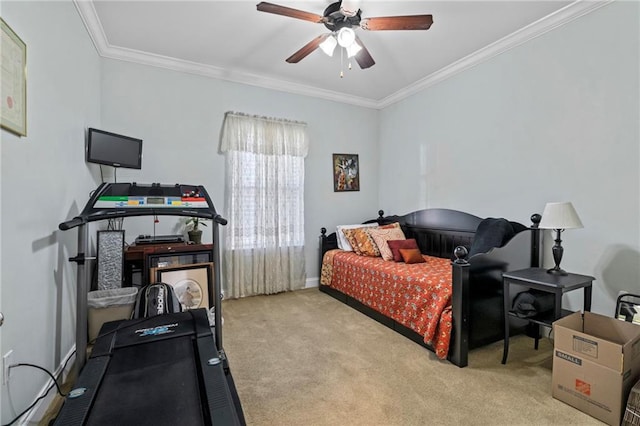 301 Clover Meadows Dr, Covington, LA 70433 - bedroom featuring carpet flooring, crown molding, ceiling fan, and baseboards