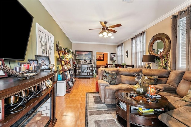 3212 Milan St, New Orleans, LA 70125 - living room with ceiling fan and ornamental molding
