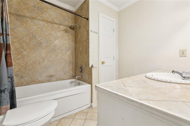 9180 Dancy Ave, Baton Rouge, LA 70814 - bathroom featuring tile patterned floors, toilet, a sink, shower / tub combo, and ornamental molding
