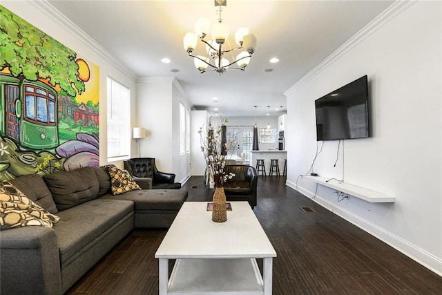3415 Louisiana Ave Parkway, New Orleans, LA 70125 - living area featuring a chandelier, baseboards, ornamental molding, recessed lighting, and dark wood-style floors