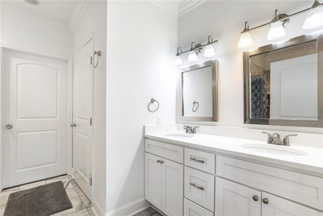 3415 Louisiana Ave Parkway, New Orleans, LA 70125 - full bath featuring baseboards, double vanity, ornamental molding, and a sink