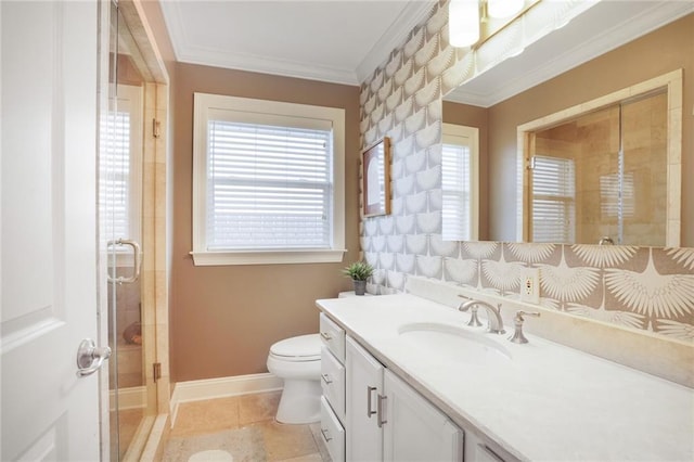 full bathroom with vanity, crown molding, toilet, baseboards, and a stall shower