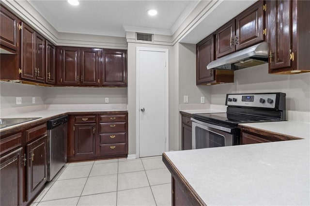 10 Heritage Ln Unit 38, New Orleans, LA 70114 - kitchen with appliances with stainless steel finishes, under cabinet range hood, crown molding, light tile patterned floors, and light countertops