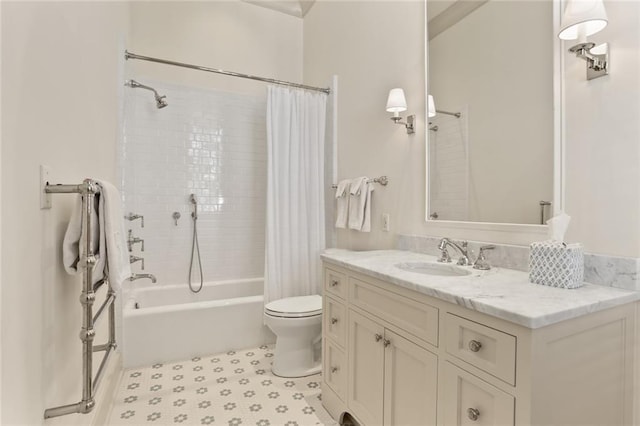 full bathroom featuring toilet, vanity, and shower / bathtub combination with curtain