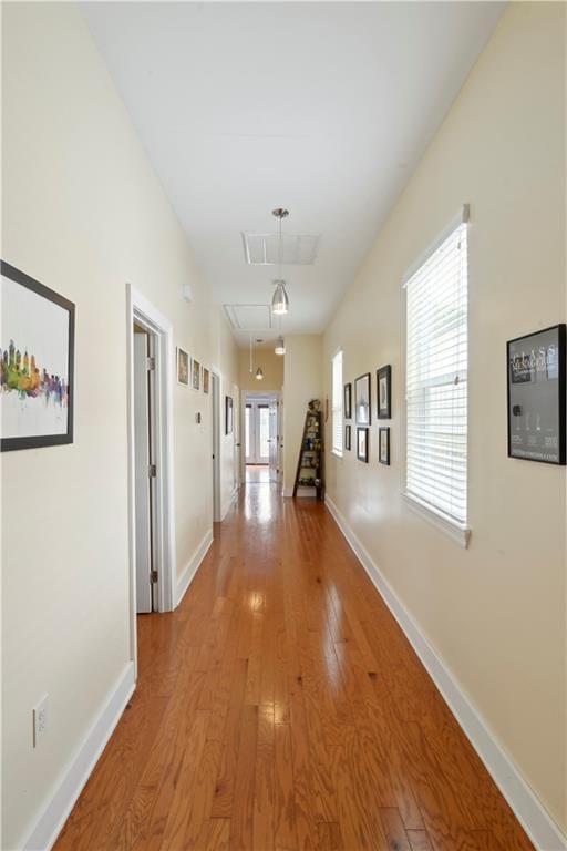 hallway featuring attic access, baseboards, plenty of natural light, and light wood-style floors