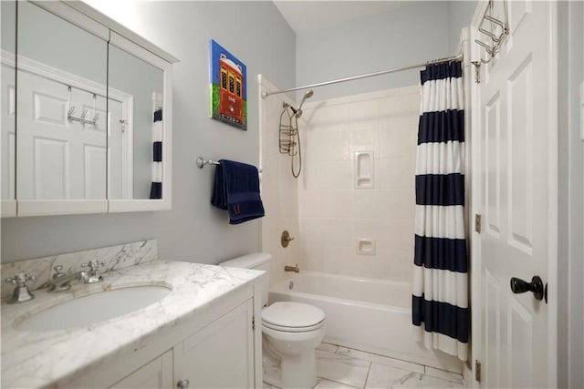 full bathroom featuring shower / tub combo with curtain, marble finish floor, toilet, and vanity
