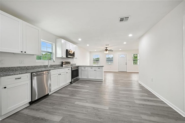 kitchen with a peninsula, appliances with stainless steel finishes, a ceiling fan, and recessed lighting