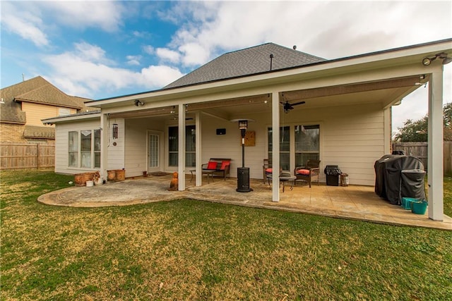 18201 Pine Ridge Dr, Prairieville, LA 70769 - rear view of property with a ceiling fan, a yard, fence, and a patio area