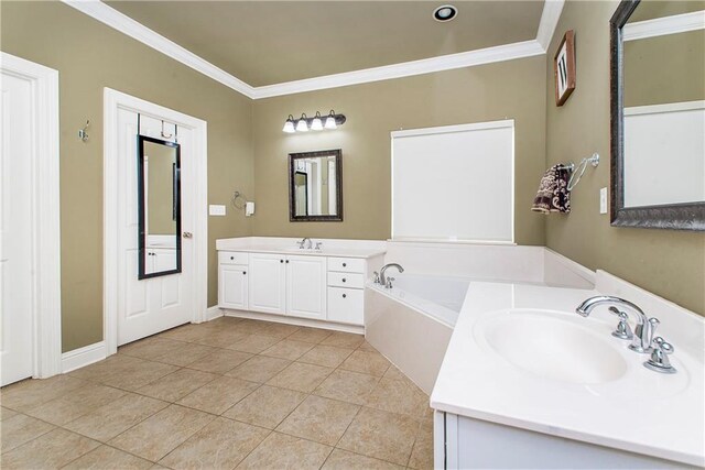 18201 Pine Ridge Dr, Prairieville, LA 70769 - bathroom with baseboards, ornamental molding, tile patterned floors, vanity, and a garden tub