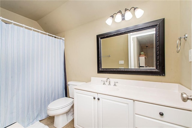 18201 Pine Ridge Dr, Prairieville, LA 70769 - bathroom featuring toilet, vanity, tile patterned floors, and lofted ceiling