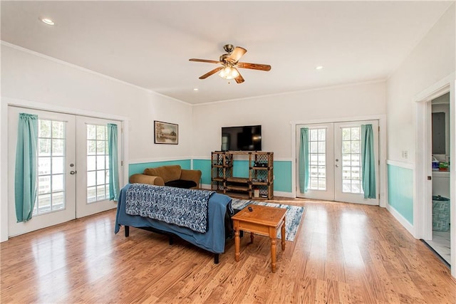 34310 Bluff Line Rd, Independence, LA 70443 - bedroom with access to exterior, wood finished floors, french doors, and ornamental molding