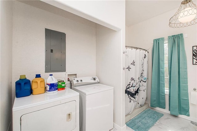 34310 Bluff Line Rd, Independence, LA 70443 - laundry room with electric panel, washer and clothes dryer, marble finish floor, and laundry area