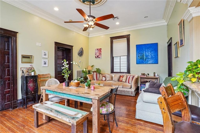 living room with ceiling fan, recessed lighting, crown molding, and hardwood / wood-style flooring