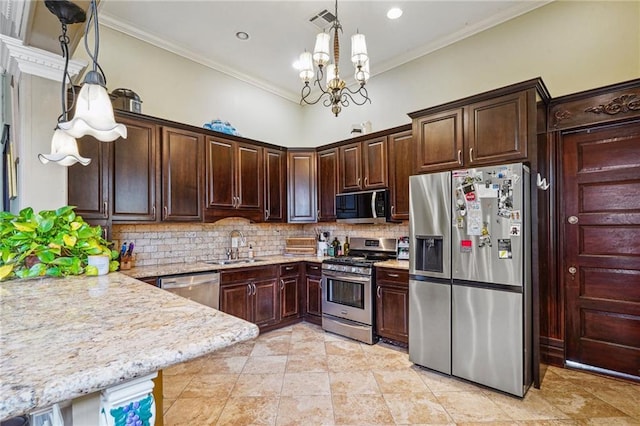 kitchen featuring a notable chandelier, decorative backsplash, ornamental molding, and stainless steel appliances