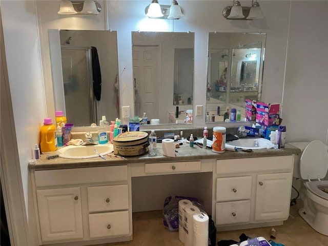 bathroom with a sink, double vanity, and a stall shower
