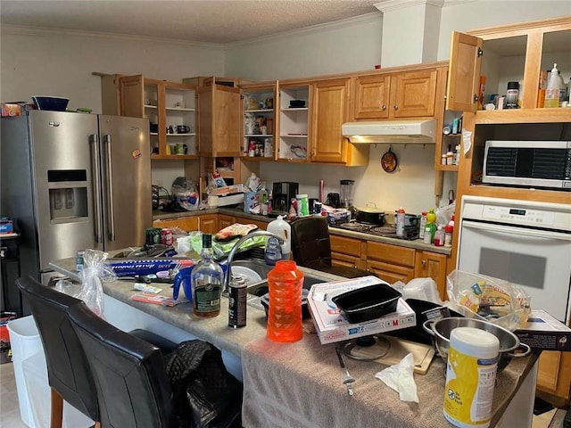 kitchen featuring open shelves, under cabinet range hood, crown molding, and stainless steel appliances