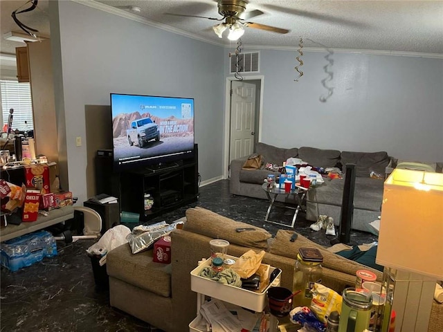 living area featuring ceiling fan, crown molding, a textured ceiling, and visible vents
