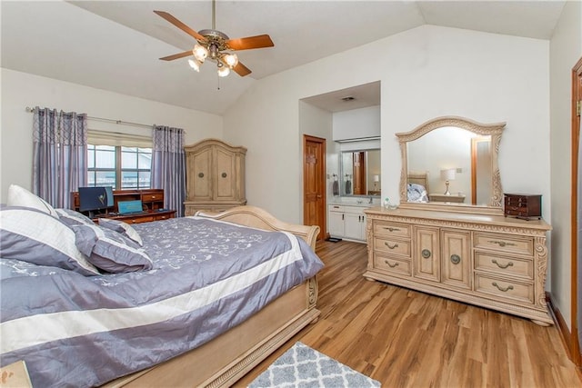 132 Country Club Dr, Covington, LA 70433 - bedroom featuring vaulted ceiling, light wood-type flooring, ceiling fan, visible vents, and ensuite bathroom