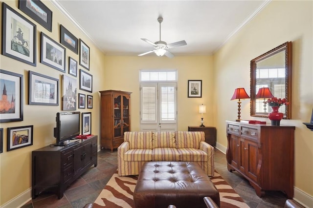 1040 Chartres St Unit D9, New Orleans, LA 70116 - sitting room featuring ceiling fan, ornamental molding, baseboards, and dark stone finish floors