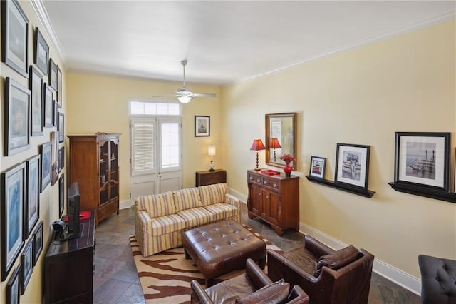 1040 Chartres St Unit D9, New Orleans, LA 70116 - living room with baseboards, a ceiling fan, ornamental molding, and dark stone finish floors