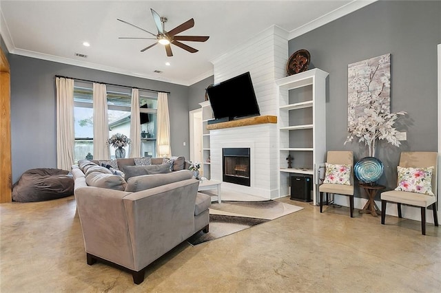 531 N Caleb Dr, Slidell, LA 70461 - living room featuring ceiling fan, concrete flooring, crown molding, a large fireplace, and recessed lighting