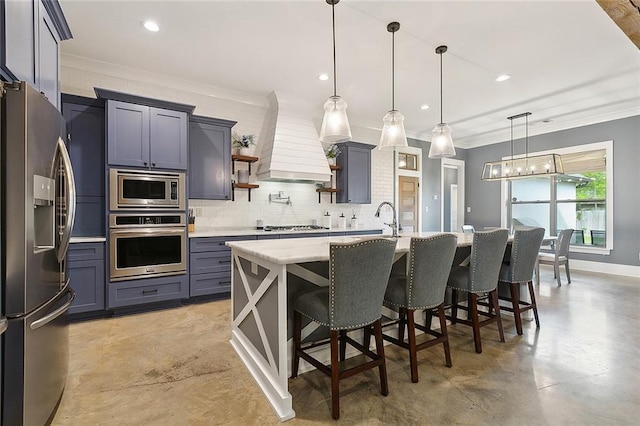 531 N Caleb Dr, Slidell, LA 70461 - kitchen featuring appliances with stainless steel finishes, custom range hood, crown molding, tasteful backsplash, and finished concrete flooring