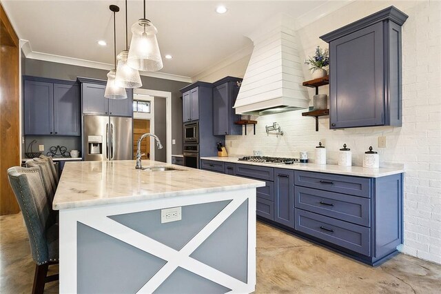 531 N Caleb Dr, Slidell, LA 70461 - kitchen featuring stainless steel appliances, a sink, crown molding, premium range hood, and light stone countertops