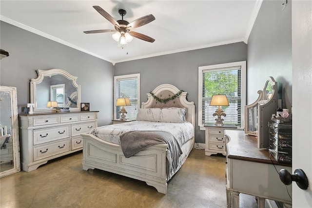 531 N Caleb Dr, Slidell, LA 70461 - bedroom with concrete floors, crown molding, and a ceiling fan