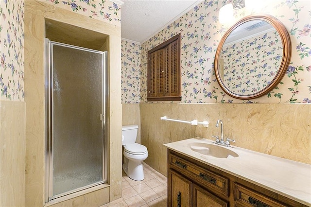 47116 N Morrison Blvd, Hammond, LA 70401 - bathroom featuring crown molding, a stall shower, a wainscoted wall, toilet, and wallpapered walls