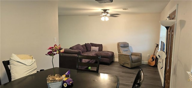 2713 Volpe Dr, Chalmette, LA 70043 - living room with wood finished floors, visible vents, baseboards, and ceiling fan