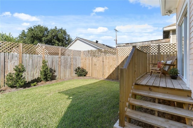 view of yard with a fenced backyard and a wooden deck